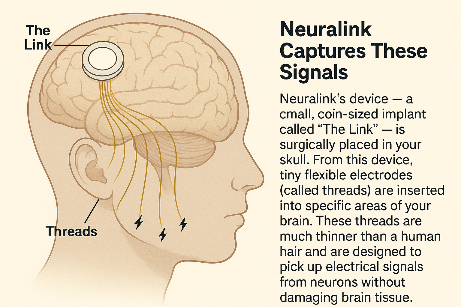 Diagram showing Neuralink threads being implanted into the brain from The Link device